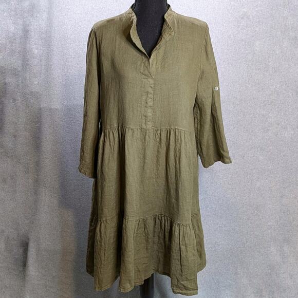 NWT Bellambra Italy Linen Dress M Olive Babydoll Tiered Roll Tab Oversized - Picture 12 of 15